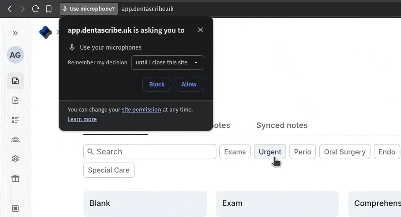 Microphone permissions in browser.