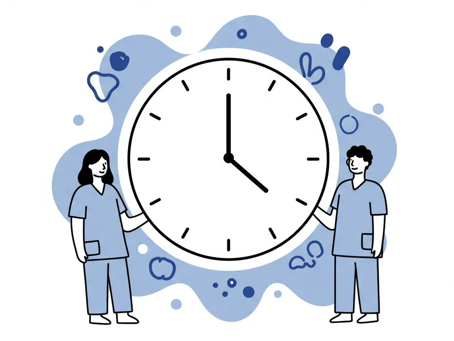 Two dentists with clock showing time management