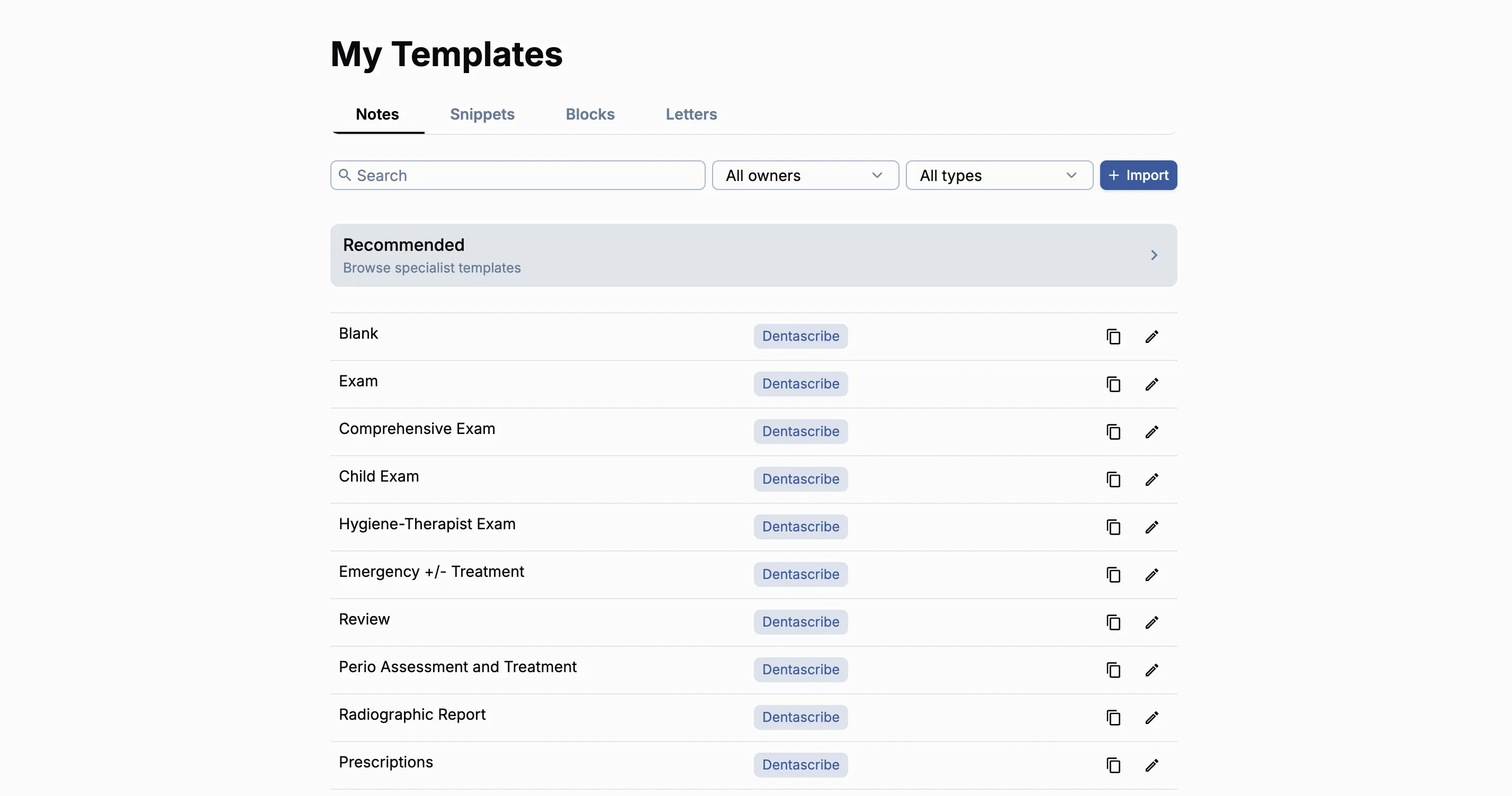 Dentascribe templates list